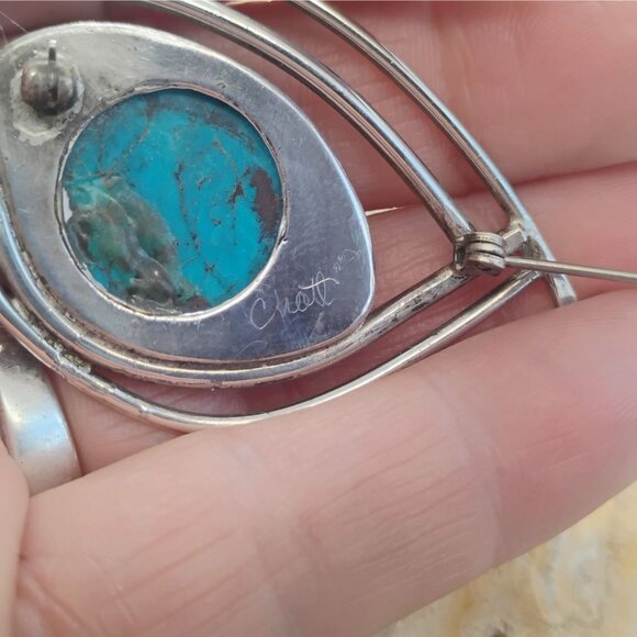 Vtg Modernist Artisan Signed Sterling Silver Turquoise Brooch - Picture 3 of 7